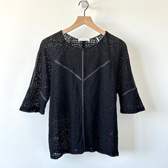 Sandro Paris Black Lace Blouse Top w Piping Detail Size M - Picture 9 of 9